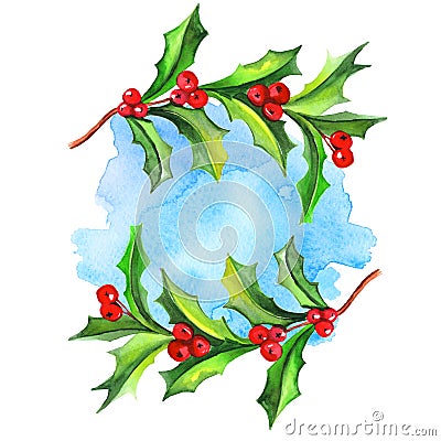 Watercolor Christmas arrowhead plant, red berries ,holly plant frame on the blue snow sky background. Stock Photo