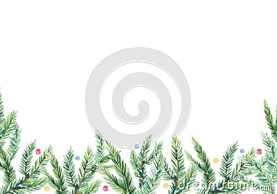 Watercolor Christmas banner with green fir branches composition. Design illustration for greeting cards, frames, invitations templ Cartoon Illustration