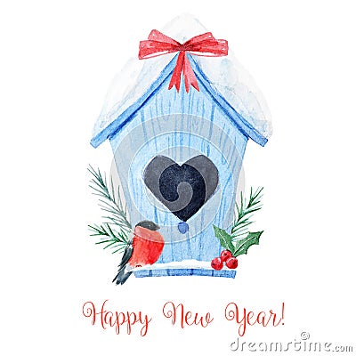 Watercolor christmas birdhouse Stock Photo