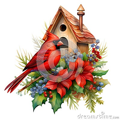 Watercolor Christmas Birdhouse with red cardinal isolated on white background Stock Photo