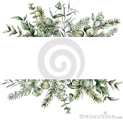 Watercolor Christmas border with fir and eucalyptus branches. Hand painted holiday plants isolated on white background Cartoon Illustration