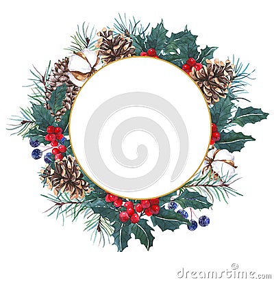 Watercolor Christmas botanical frame. Round design. Frame of cones, Christmas tree branches, cotton.Wedding invitation. Postcard. Stock Photo