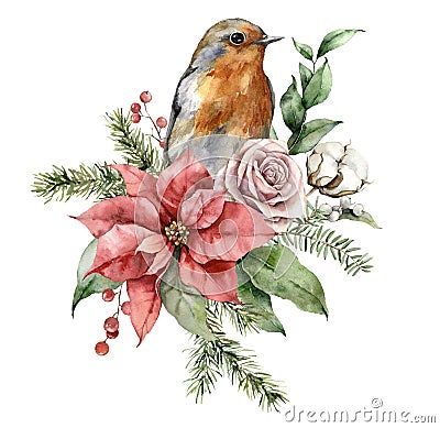 Watercolor Christmas bouquet with robin redbreast, poinsettia, roses and fir branches. Hand painted holiday card with Stock Photo