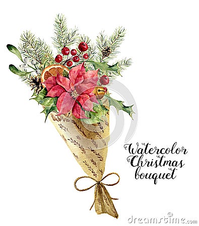 Watercolor christmas bouquet. Vintage floral composition with christmas tree branches, bells, holly, mistletoe Stock Photo