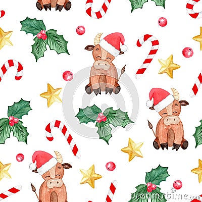 Watercolor christmas bull in santa hat seamless pattern on white background Stock Photo