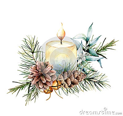 Watercolor Christmas candle with holiday decor. Hand painted floral composition with eucalyptus leaves, bells, pine Cartoon Illustration