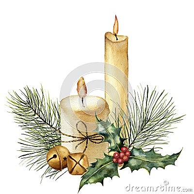 Watercolor Christmas candle with holiday decor. Hand painted candle, holly, christmas tree branch and bell isolated on Stock Photo