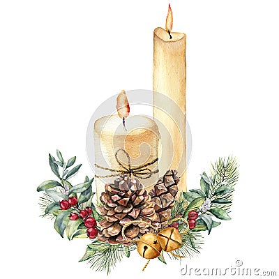 Watercolor Christmas candles with holiday decor. Hand painted candle, holly, christmas tree branch and bell isolated on Stock Photo