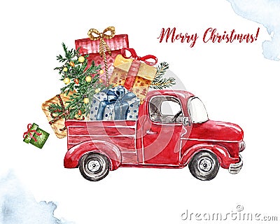 Watercolor Christmas car illustration. Red vintage truck with holiday fir tree and gifts, isolated on white background. Cartoon Illustration