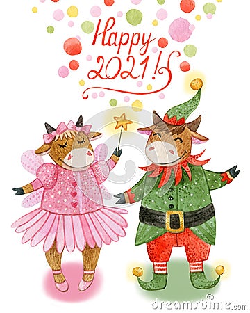 Watercolor christmas card with cute cow girl in pink fairy costume and bull boy in green elf Santaclaus costume. Hand-drawn Stock Photo
