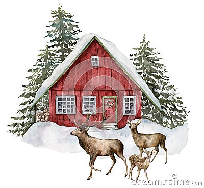 Watercolor Christmas card with red house and deers in winter forest. Hand painted illustration with fir trees and snow Cartoon Illustration