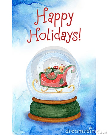 Watercolor Christmas card with snow globe, santa claus sleigh , gifts, presents, happy holidays lettering Stock Photo