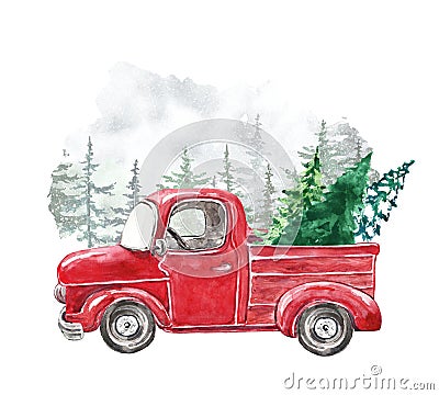 Watercolor Christmas card template with hand painted abstract retro truck and fir pine trees. Winter snowy forest illustration Cartoon Illustration