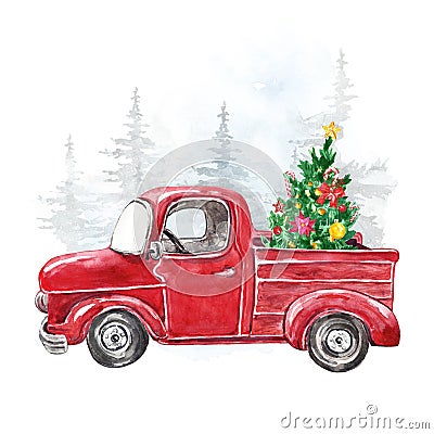 Watercolor Christmas card template with hand painted abstract retro truck and fir tree. Winter snowy forest illustration Cartoon Illustration