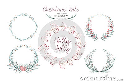 Watercolor Christmas card with wearth. Hand drawing christmas decoration. Winter holiday design. Berry wreath for Stock Photo