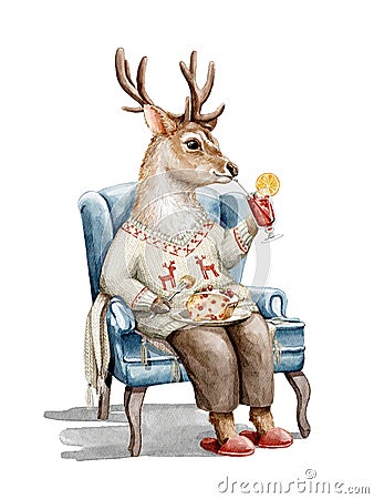 Watercolor Christmas cartoon deer in clothes eat and drink in armchair Cartoon Illustration