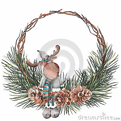 Watercolor Christmas cartoon moose on pine demi wreath. Cartoon Illustration