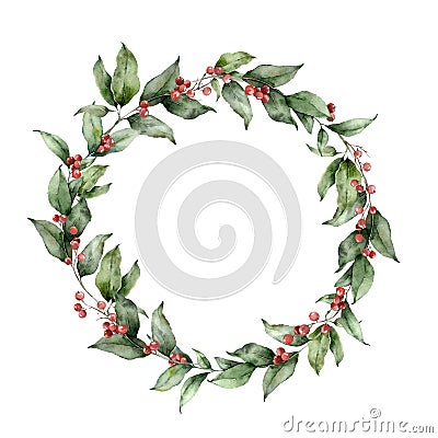 Watercolor Christmas circle wreath with branches and red berries. Hand painted holiday card with plants isolated on Cartoon Illustration