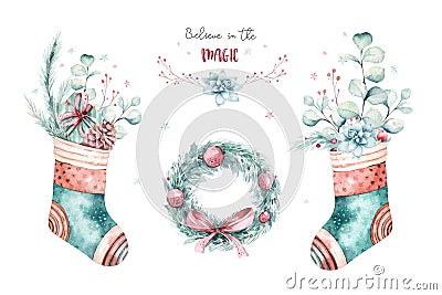 Watercolor holiday christmas clipart. Winter decoration element. Merry christmas design. Pine tree branch, frame Stock Photo