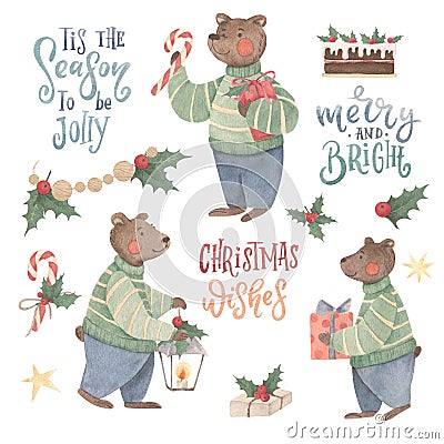 Christmas clipart set with cute bears Stock Photo