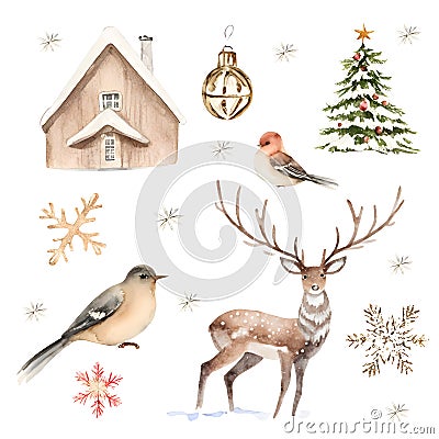 Watercolor Christmas collection. Deer and bird, wooden house in winter forest, snowflake and toy ball. Retro style Vector Illustration