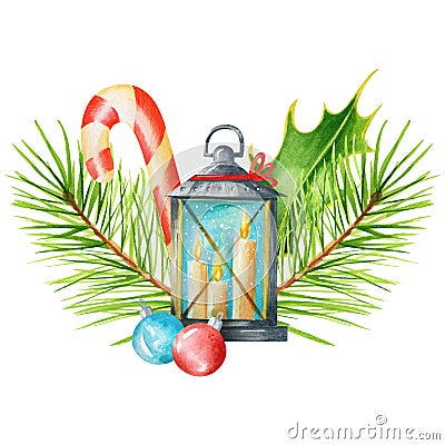 Watercolor Christmas composition with candle lantern Stock Photo