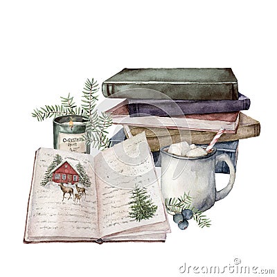 Watercolor Christmas composition with cup of cocoa, candle, books and fir branches. Hand painted holiday card isolated Stock Photo