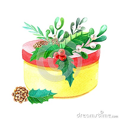 Watercolor Christmas composition with gift box,holly,mistletoe fir branches, cones, candle. Cartoon Illustration