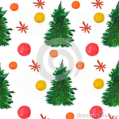 Watercolor. Christmas composition of trees, stars, snowflakes and balls. Stock Photo