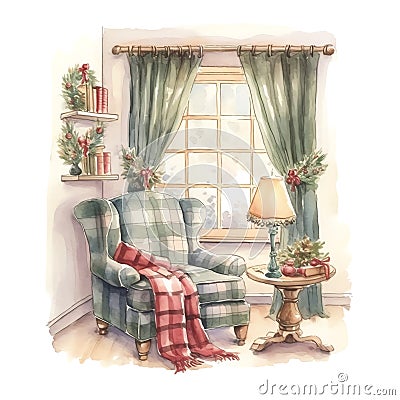 Watercolor Christmas Cozy Reading Corner Sublimation Stock Photo