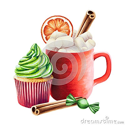 Watercolor Christmas cup of hot drink with marshmallows, cinnamon stick, orange and sweet muffin with cream. New year Stock Photo