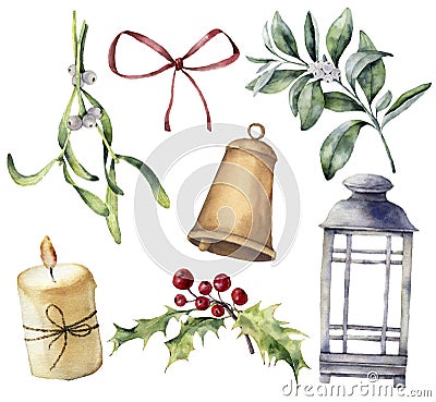 Watercolor Christmas decor with plant and berries. Hand painted eucalyptus, snowberry, bell, red bow, candle, mistletoe Stock Photo