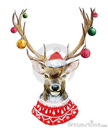 Watercolor christmas deer Stock Photo