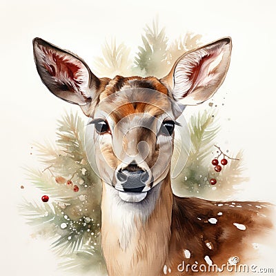 Watercolor Christmas deer. Winter card design with deer. Generative AI Stock Photo