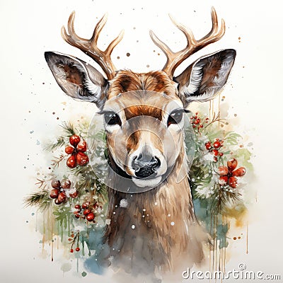 Watercolor Christmas deer. Winter card design with deer. Generative AI Stock Photo