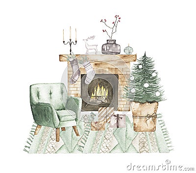 Watercolor christmas evening compositions with fireplace chair xmas tree Cartoon Illustration