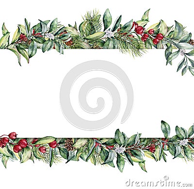 Watercolor Christmas floral banner. Hand painted floral garland with berries and fir branch, pine cone, bells and ribbon Stock Photo