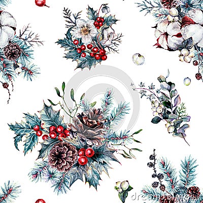 Watercolor Christmas Floral Seamless Pattern Isolated on White Stock Photo