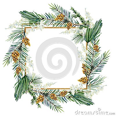 Watercolor Christmas frame with fir branches, leaves, pine, cone. Winter greenery banner for christmas card Stock Photo