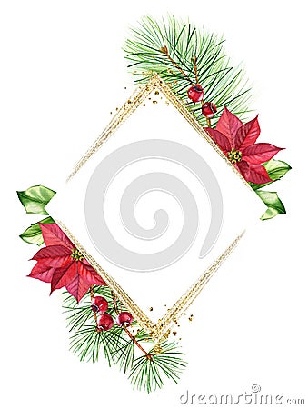 Watercolor Christmas frame with golden glitter. Rhomb template with red poinsettia flower, pine tree, place for text and Cartoon Illustration