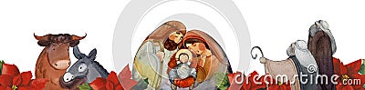 Watercolor Christmas frame with a Nativity scene: Joseph, Mary, Jesus in a manger, a donkey and an ox, angels on a Bethlehem night Stock Photo