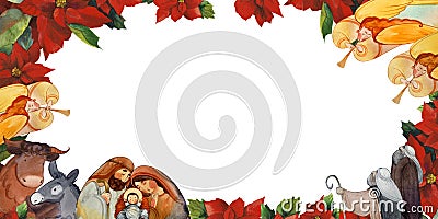 Watercolor Christmas frame with a Nativity scene: Joseph, Mary, Jesus in a manger, a donkey and an ox, angels, shepherds on a Stock Photo