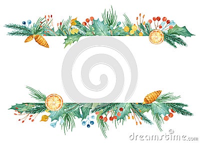 Watercolor christmas frame. Template with fir branches, berries, gifts, balls, bow. Stock Photo