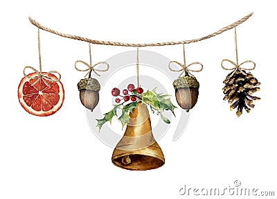 Watercolor christmas garland with bell, acorn, pine cone and orange Cartoon Illustration