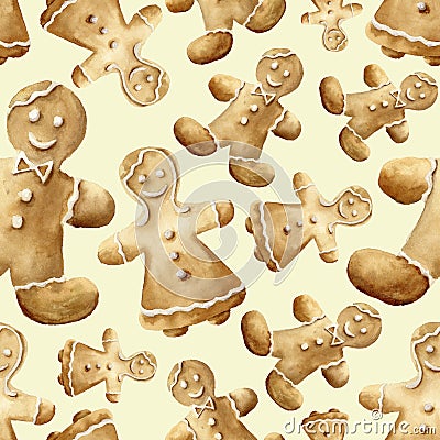 Watercolor christmas gingerbread man pattern. Hand painted gingerbread man and women isolated on yellow background. For Stock Photo