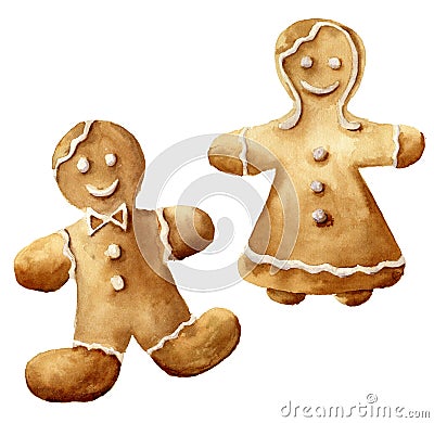 Watercolor christmas gingerbread man set. Hand painted gingerbread man and women isolated on white background. For Stock Photo