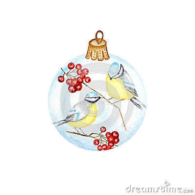 Watercolor Christmas Glass Ball Made of red rowan Branches, winter bird Blue tit. Greeting Card Design Template with Stock Photo
