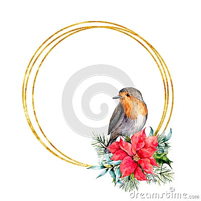 Watercolor Christmas golden wreath with robin and winter design. Hand painted bird with poinsettia, mistletoe, fir Stock Photo
