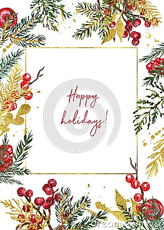 Modern rustic geometric Christmas frame with watercolor pine branches, holly, red berries, greenery and foliage on white Stock Photo