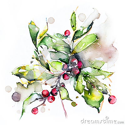 Watercolor Christmas hand-drawn illustration of red berries branch.Watercolor Christmas hand-drawn illustration. Mistletoe branch Cartoon Illustration